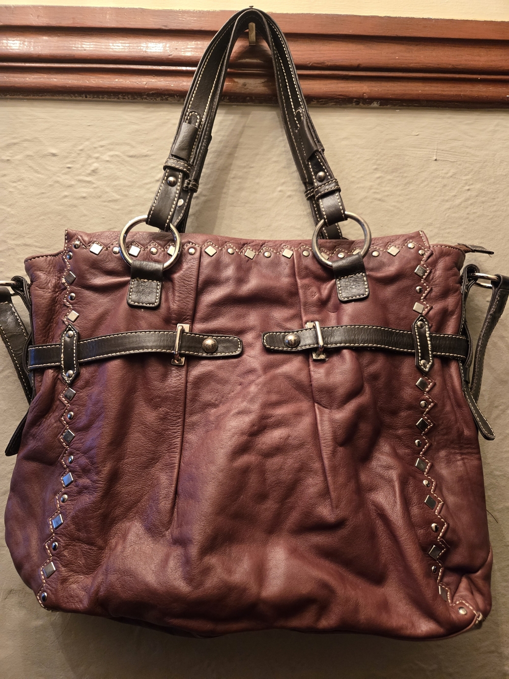 Danier Genuine Leather Studded Shoulder Bag Burgundy Brown Satchel Purse